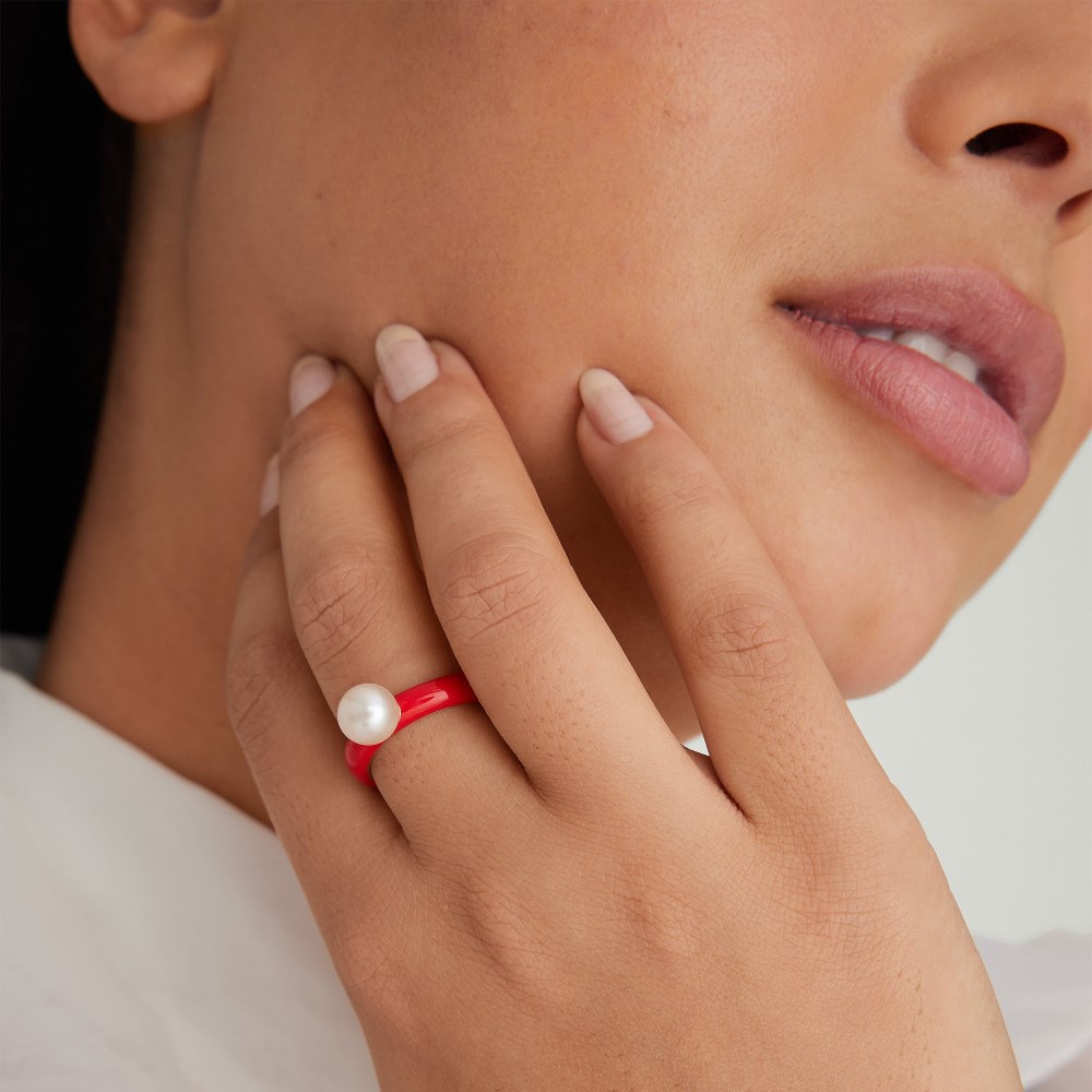 Mejuri Gumball Pearl Ring - Gold Vermeil, Candy Red Enamel Canada Store