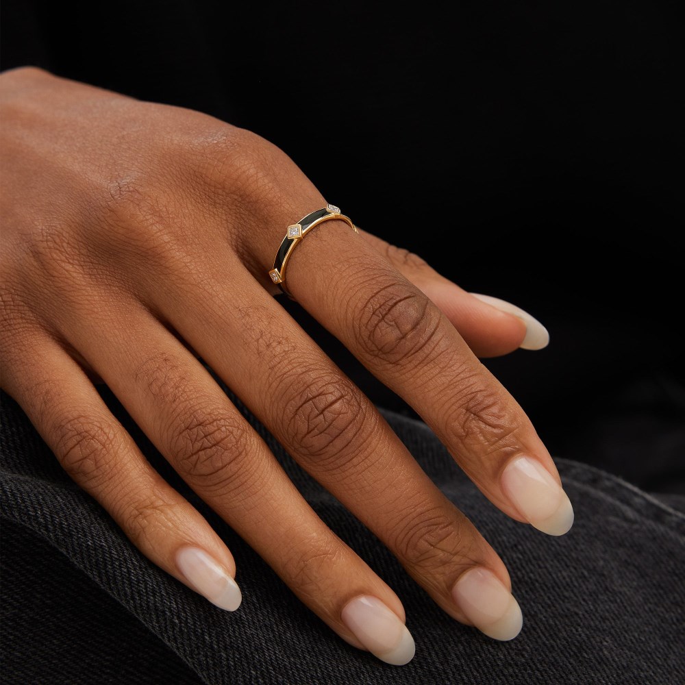 Mejuri Angled Diamond Station Enamel Ring - 14k Yellow Gold, Black Enamel Canada Store